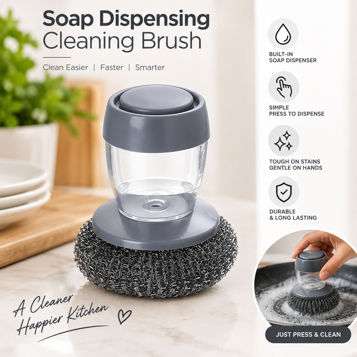 Soap Dispensing Cleaning Brush – Kitchen & Dish Scrubber with Built-in Liquid Soap Dispenser